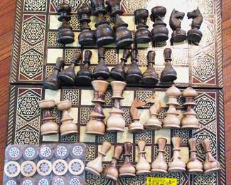 Vintage Inlaid Mother of Pearl Chess Backgammon Set Handmade Solid Wood Complete