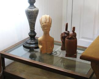 Wood Ratan Doors Glass Top Side Table