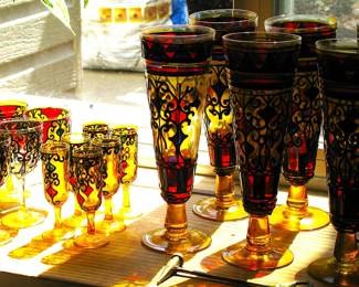 Vintage Amber Overlay Stain Glass looking Glasses