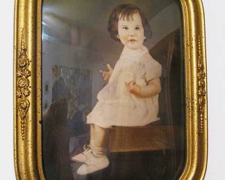 Antique  Oval Bubble Glass Wood Frame / Seated Child Photo