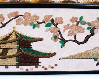 Vintage Pebble Art, Buddhist Pagoda Cherry Blossom
