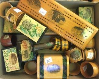 More Mauchline, Tartan and Fern ware wooden pieces...cribbage game, napkin rings and more
