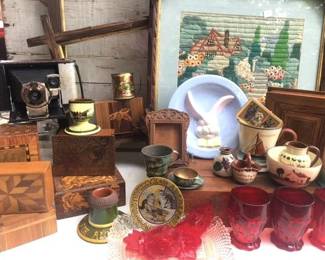 Handmade yarn picture.  Antique English Torquay Motto Ware pottery...no 2 are alike.