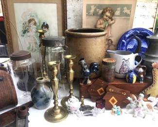 Stoneware crocks, brass candle holders, apothecary jars, prints and artwork...all antique