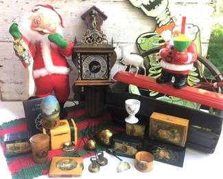 More antique Mauchline Ware...boxes, sewing, container, banks and much more.  Antique Dutch weighted wall clock.