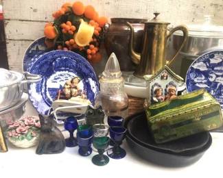 Cast iron skillets, antique cobalt blue eye wash cup and treasures
