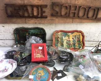 Antique tin litho child's dishes.  Hand carved wood "GradeSchool" sign