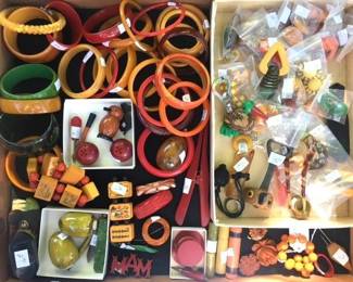 Bakelite jewelry, bracelets,, pins, broaches, buttons, napkin rings, and much more