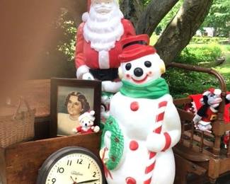 Antique walnut youth cradle, wonderful long pine chest, santa and frosty the snowman...all looking for new homes.
