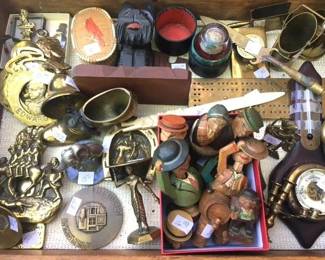 Anri bottle toppers, brass trench art, Queen Elizabeth and royalty memorabilia 