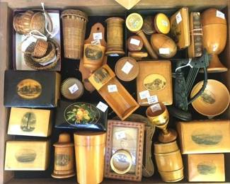 Antique English Mauchline Ware....sewing items, trinket boxes, banks, continuers, match holders and other historical souvenir pieces