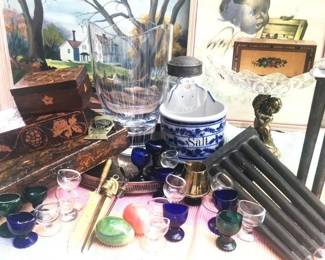Folkart boxes, glassware, tin candle making mold