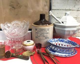 Old ironstone, porcelains, crystal and advertising stoneware 