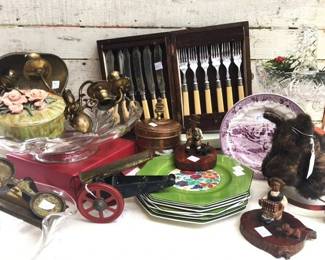 Sampling of tin toys, flatware, ceramic and porcelain
