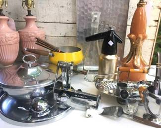 Mid century modern chrome, barware, ceramic lamps, bakelite and much more