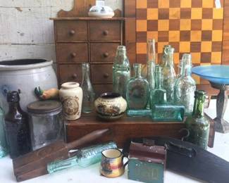 Primitive spice box, crock and old bottle collection