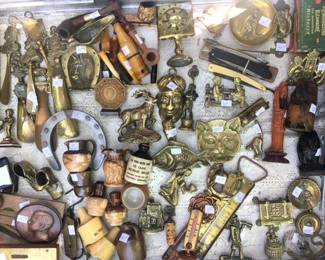 Lots of english brass trinkets, treasures & figurines miniature advertising pieces, straight razors and much more