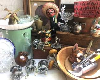Enamelware, woodenware, brass, glass and fishing reels