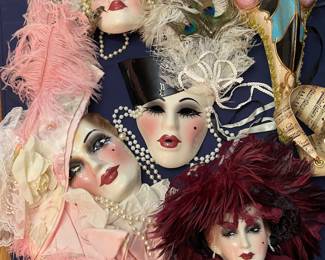 Assorted decorative costume and mardi gras masks from Italy, signed