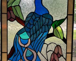 artisan made stained glass peacock window