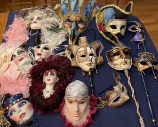Assorted decorative costume and mardi gras masks from Italy, signed