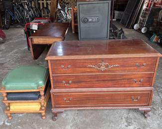 Antique Roos cedar chest, mid century stacking stools.