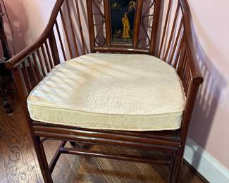 Antique bamboo chair with Asian decorated plaque, cane seat needs repair.