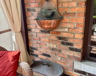 Copper boiler, Smith & Hawken copper wall fountain.