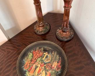 Copper candlesticks and Russian plate.