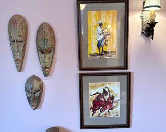 Masks and watercolors are from Ghana.