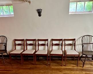 Pair Windsor armchairs & Regency chairs.