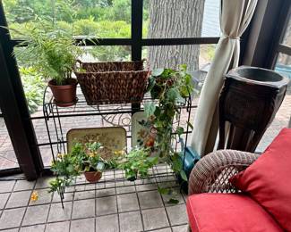 Metal plant stand and vintage metal trays.