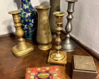 Cloisonne vase, brass candlesticks and vases.