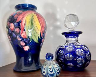 Beautiful Moorcroft vase and Bohemian cut to clear bottle with stopper.