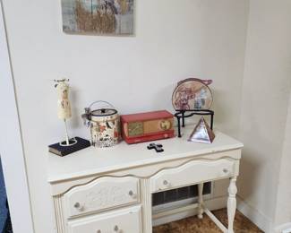 White student desk and a vintage clock radio!