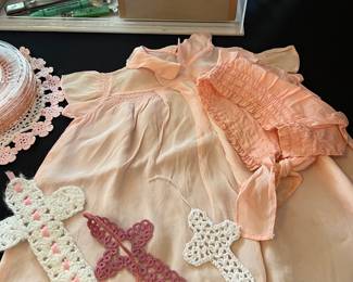 Child’s silk dress w bonnet 
Crochet bookmarks 