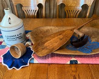 Old wooden dough bowl 
Old wooden paddle 