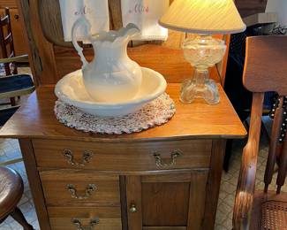 Oak washstand 
White Bowl and pitcher 