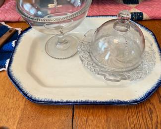 Ironstone platter 
Beaded glass compote and butter dish 