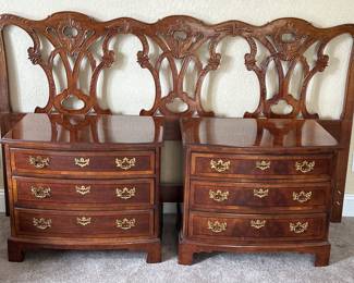 HENREDON Late 20th Century  " Ashton Court "  pair inlaid walnut 3 over 3 drawer bachelors' chests; 68-2409
(Nightstands). 24” tall x 28” wide x 17.5” deep.
$95. HENREDON headboard (king)