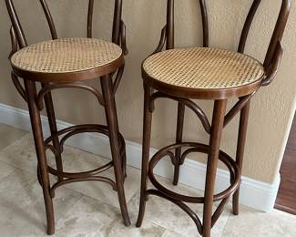 $195. Mid century bent wood/caned bar counter chairs. (Pair).