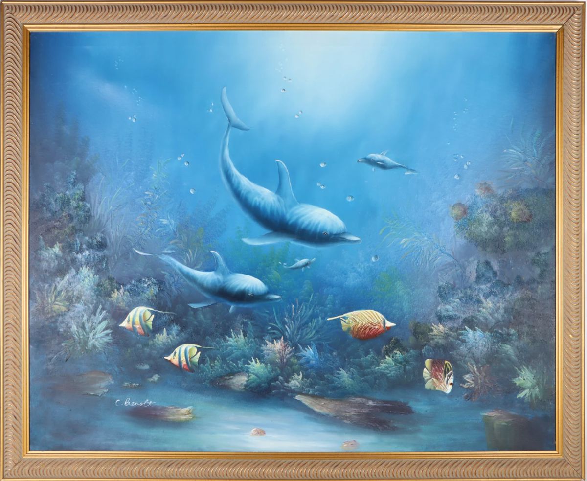 Undersea oil painting of dolphins - fine art