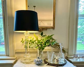 Visual comfort crystal lamp, decanters, mirrored plateaus, crystal stemware