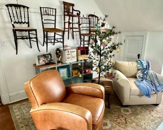 Leather club chair, super comfy chair and ottoman, hoiday decor, room size rugs and more... 