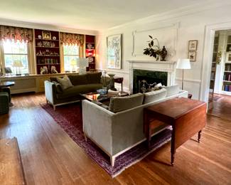 Gorgeous antique drop leaf tables, Visual Comfort floor lamp, antique fern stands, Williamsburg candle holders, antique prints