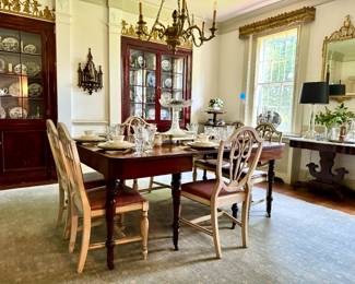 Stunning custom carpet, gilt mirror by Friedman Brothers, set of antique Sheridan chairs, marble top tables, Spode, Waterford, Reed and Barton Sterling Silver flatware