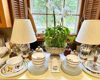 Portmerion lamps, dishes, holiday, freshly planted herb baskets, glassware and china to die for
