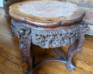 Carved Teak and marble stands. Late 19th century - stunning pair of tables!