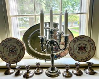 Silverplate trays, candlesticks, candleobras, serving pieces, plateaus, Sterling candlesticks, sterling flatware...