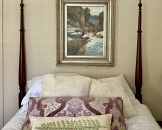 Queen 4 post bed with like new mattress and box, custom pillows, new down bedding, and original artwork by M. Shawn Cornell - plein air artist 